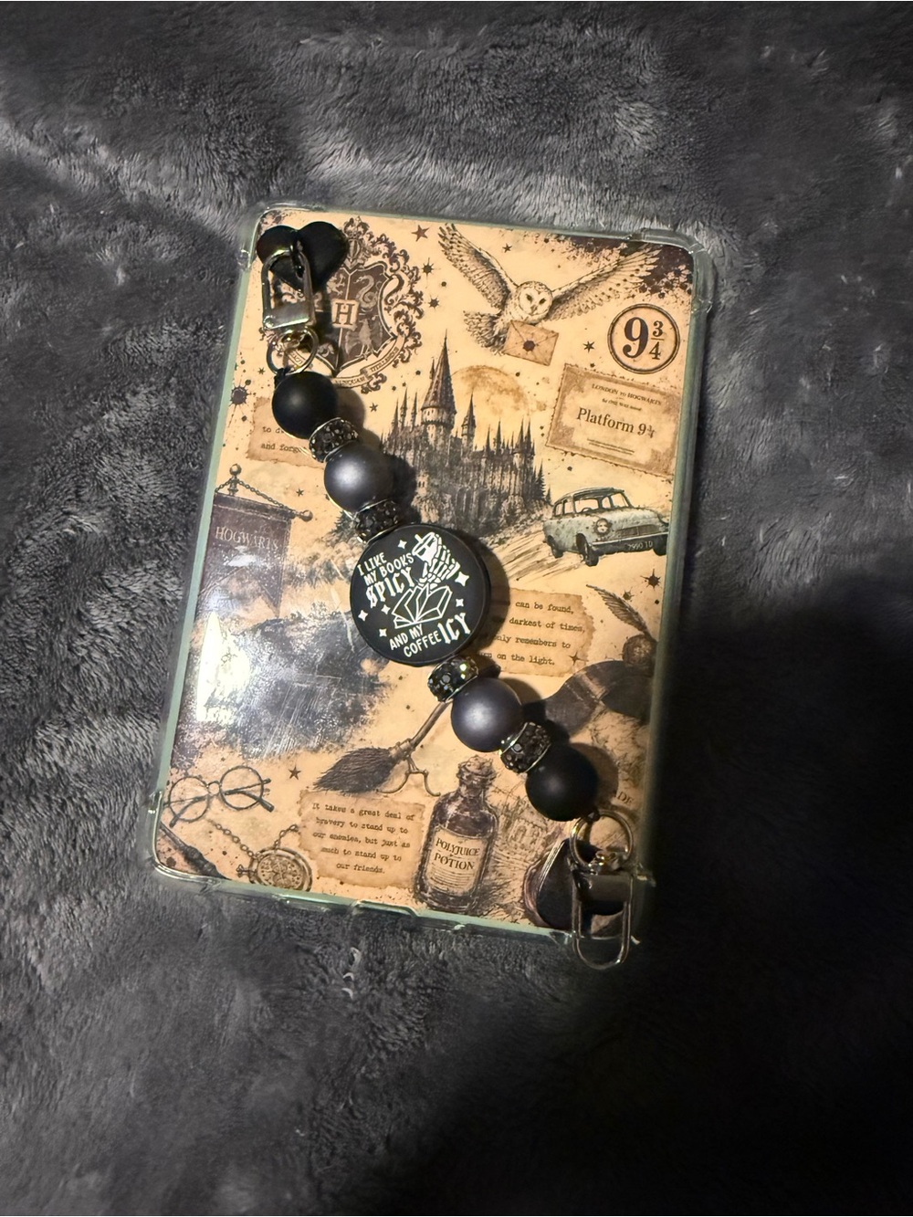 Black and Gray Spicy Books and Iced Coffee Beaded Tablet Grip Strap with Charm